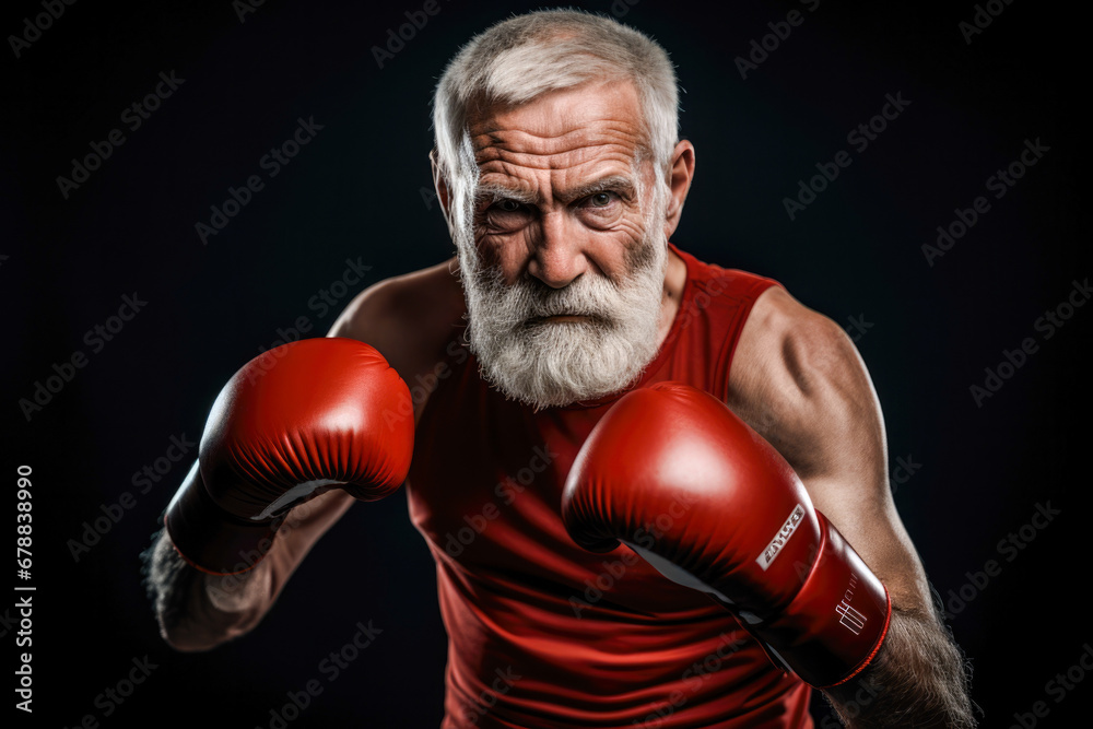 Portrait of senior man showcasing strength and resilience as a boxer, breaking stereotypes with confidence and vitality in his focused exercise routine. Never too old to train
