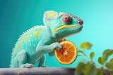 Funny blue chameleon in profile with citrus fruit slice in little paws on blue pastel background.