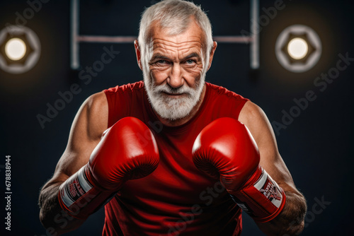 Portrait of senior man showcasing strength and resilience as a boxer, breaking stereotypes with confidence and vitality in his focused exercise routine. Never too old to train © MVProductions