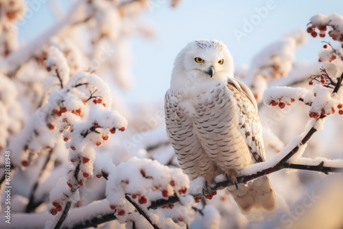 White owl perched on snow-covered branch of red rowan tree with copy space.