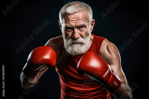 Portrait of senior man showcasing strength and resilience as a boxer, breaking stereotypes with confidence and vitality in his focused exercise routine. Never too old to train © MVProductions