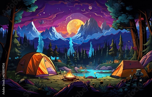 camping scene with tents and campfire Generative AI photo