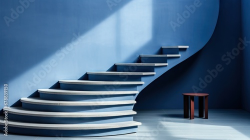 A spiral staircase casts shadows on blue walls, creating a dramatic architectural statement