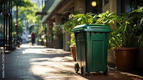 Green garbage bin on a city sidewalk. photo