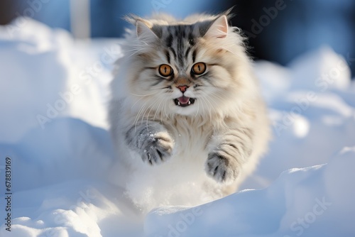 A Siberian cat mid-leap, with its luxurious fur contrasting against the pristine white snow
