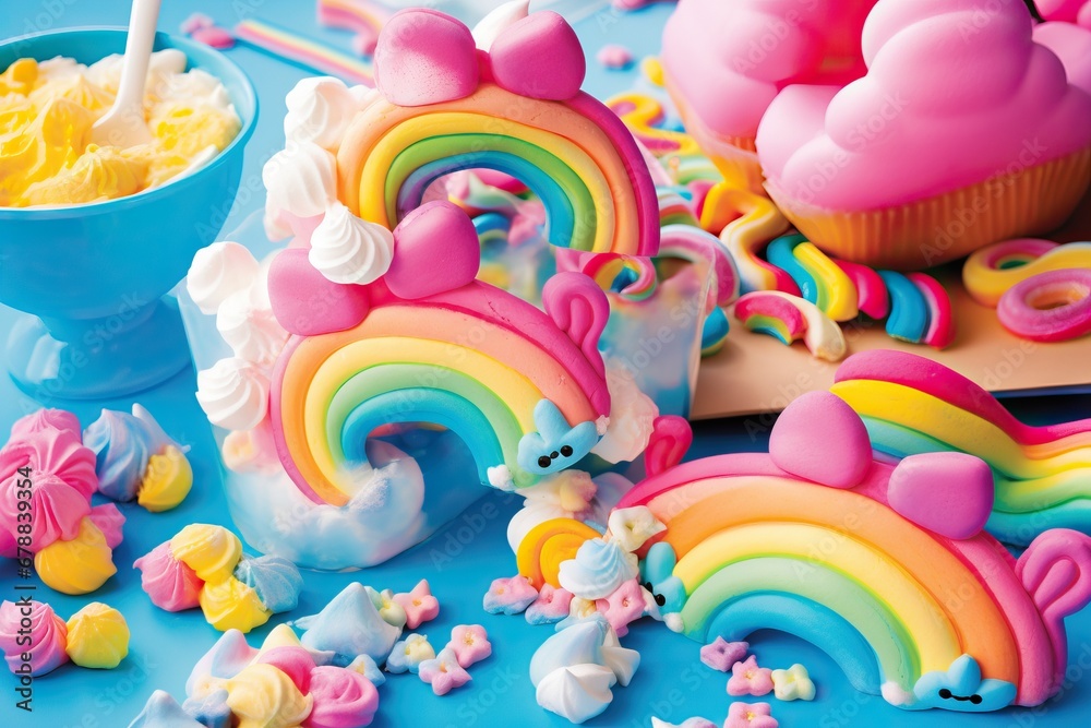 Colorful sweet treats with whimsical rainbows creating a playful candy fantasy scene Colorful sweet treats with whimsical rainbows creating a playful candy fantasy scene