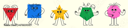 Colorful set of geometric shapes with emotions, arms and legs. Trendy graphics for children. Cute characters of basic geometric shapes on isolated background.