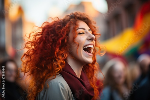 Radiant red-haired woman laughing at a pride parade, blurred rainbow flag in background