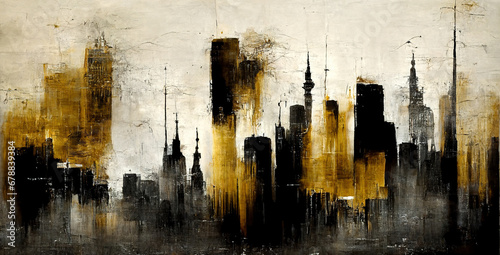 Generative AI, Black and golden watercolor abstract cityscape painted background. Ink black street graffiti art on a textured paper vintage background, washes and brush strokes
