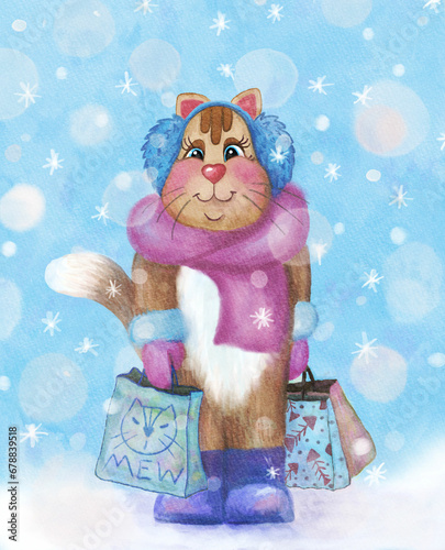 A cute watercolor cat lady shopping on a snowy winter day, a winter shopping card, a red she-cat with a cozy scarf, warm boots, ear warmers and shopping bags 