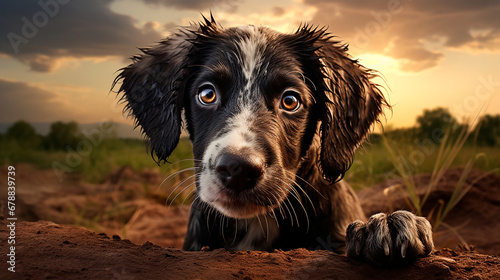 Cachorro en el barro - Perro pastor feliz - Chucho canino adorable ojo de pez - Estilo border collie
