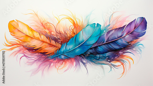 Plumas acuarela ilustracion pintura - Ave pluma pajaro pintura amarillo, azul, morado, naranja 