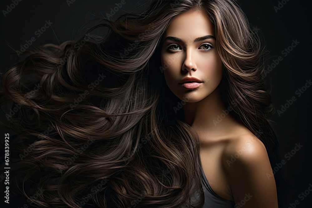 Portrait of a beautiful brunette with long wavy hair on a dark background. Generated by AI. Portrait of a beautiful brunette with long wavy hair on a dark background. Generated by AI.