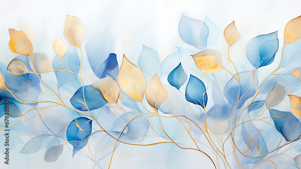 Hojas acuarela ilustración liquida - Dorado hojas plantas ramas pintura abstracto -  Azul y dorado oro - obrazy, fototapety, plakaty 