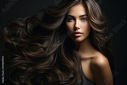Portrait of a beautiful brunette with long wavy hair on a dark background. Generated by AI.