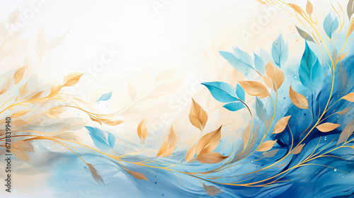 Hojas acuarela ilustración liquida - Dorado hojas plantas ramas pintura abstracto -  Azul y dorado oro photo