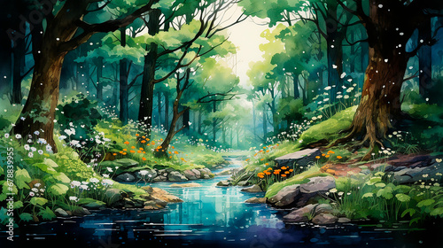 Bosque paisaje ilustracion con rio - Acuarela naturaleza pintura bosque arboles - Flores vegetación photo