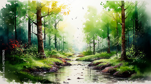 Bosque paisaje ilustracion con rio - Acuarela naturaleza pintura bosque arboles - Flores vegetación photo