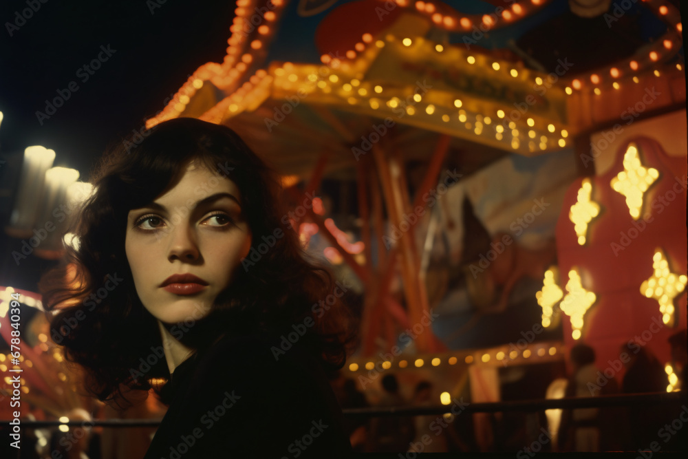 Woman in black coat at a colorful carnival ride at night