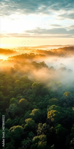An Aerial Symphony of Tranquil Mist Blanketing an Arboreal Tapestry, Unveiling a Mystical and Serene Dawn Awakening in the Verdant Embrace of a Mysterious Forest