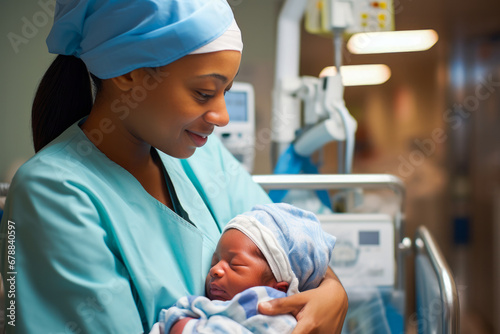 African American nurse cradling a newborn baby, displaying genuine emotions of nurture and care for infant. New beginnings moment captured in a modern hospital setting