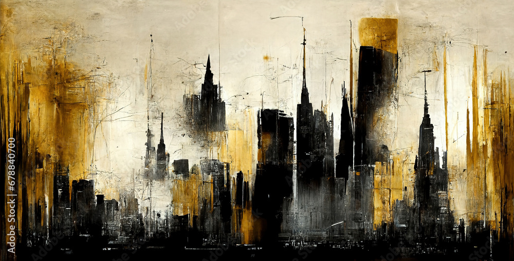 Generative AI, Black and golden watercolor abstract cityscape painted background. Ink black street graffiti art on a textured paper vintage background, washes and brush strokes - obrazy, fototapety, plakaty 