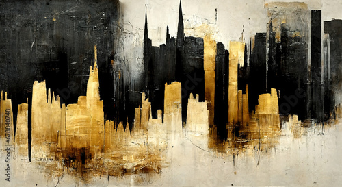 Generative AI, Black and golden watercolor abstract cityscape painted background. Ink black street graffiti art on a textured paper vintage background, washes and brush strokes photo
