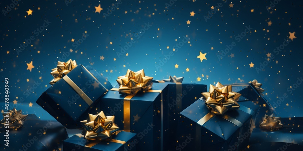 A Top-Down Tapestry of Christmas Magic: Presents Adorned in Joyful Wrappings, Embraced by Blue Elegance and Gilded with Gold Stars
A Top-Down Tapestry of Christmas Magic: Presents Adorned in Joyful Wrappings, Embraced by Blue Elegance and Gilded with Gold Stars