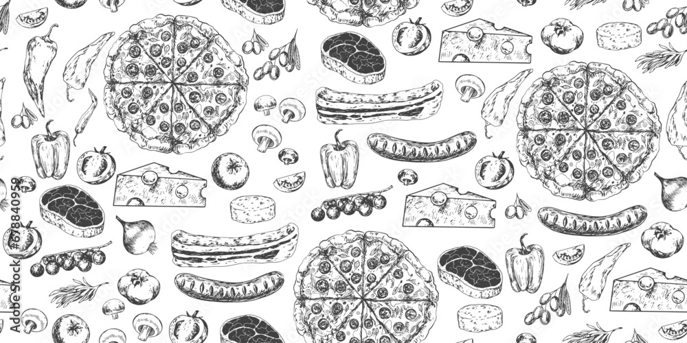 Seamless pattern with ingredients for pizza. Sketch style pizza, cheese, tomato, mushroom, onion, paprika, meat, steak, sausage, bacon, olive. Engraving style food. Black and white Illustration - obrazy, fototapety, plakaty 