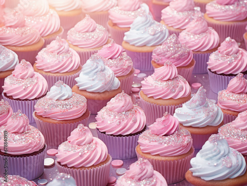 Pink frosted cupcakes with glittery sprinkles.