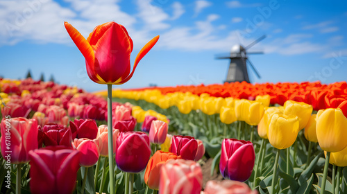 A traditional windmill, with vibrant tulip fields as the background, during a bright spring day