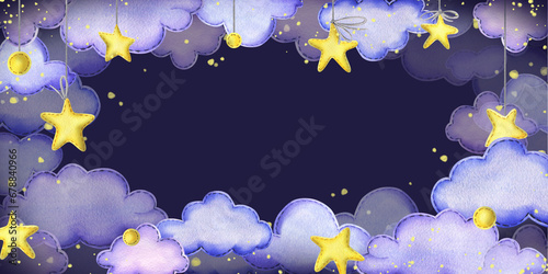 Blank with stars and clouds against the background of the blue night sky. Hand drawn watercolor illustration. Space for the design of certificates, invitations, congratulations, registration.