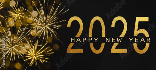 HAPPY NEW YEAR 2025 - Festive silvester New Year's Eve Sylvester Party concept background greeting card with text - Golden yellow fireworks in the dark black black night