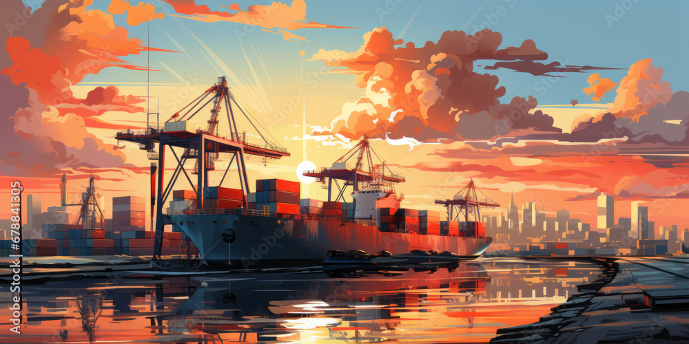 Dynamic port logistics banner with cargo containers. - obrazy, fototapety, plakaty 