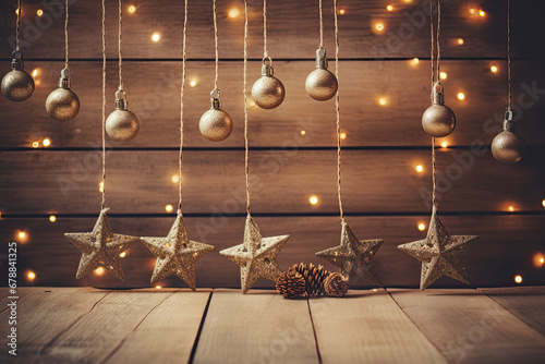 bolas y estrellas de navidad doradas y colgadas sobre fondo de madera con luces brillantes y decorado con piñas