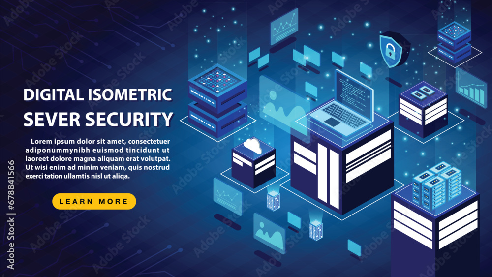 Digital Isometric Server Security and data sever on blue background. - obrazy, fototapety, plakaty 
