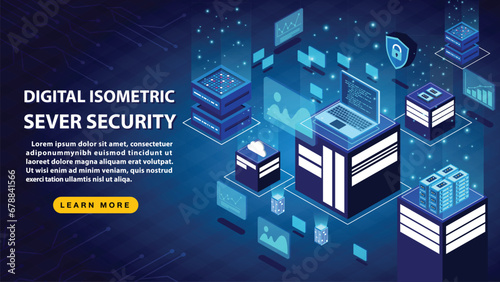 Digital Isometric Server Security and data sever on blue background.
