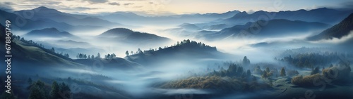 Panoramic shot of mystical morning with fog in aerial mountain view © Pajaros Volando