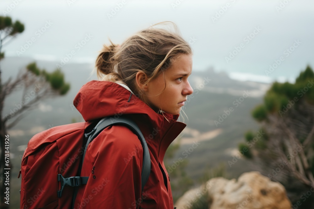 A contemplative young woman hiking along a coastal trail, dressed in outdoor gear A contemplative young woman hiking along a coastal trail, dressed in outdoor gear