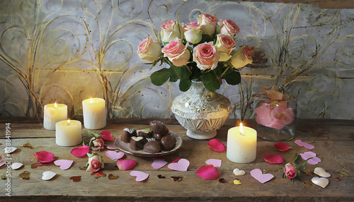 Valentine's setting Roses in a vase, scattered petals, candles, and heart-shaped chocolates on a wooden table.
