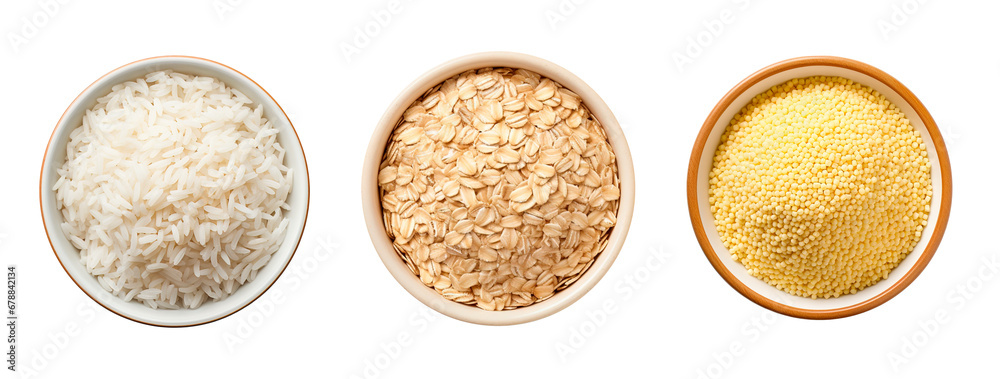 Top view of three bowls full of rice, oats and couscous over isolate transparent background Top view of three bowls full of rice, oats and couscous over isolate transparent background