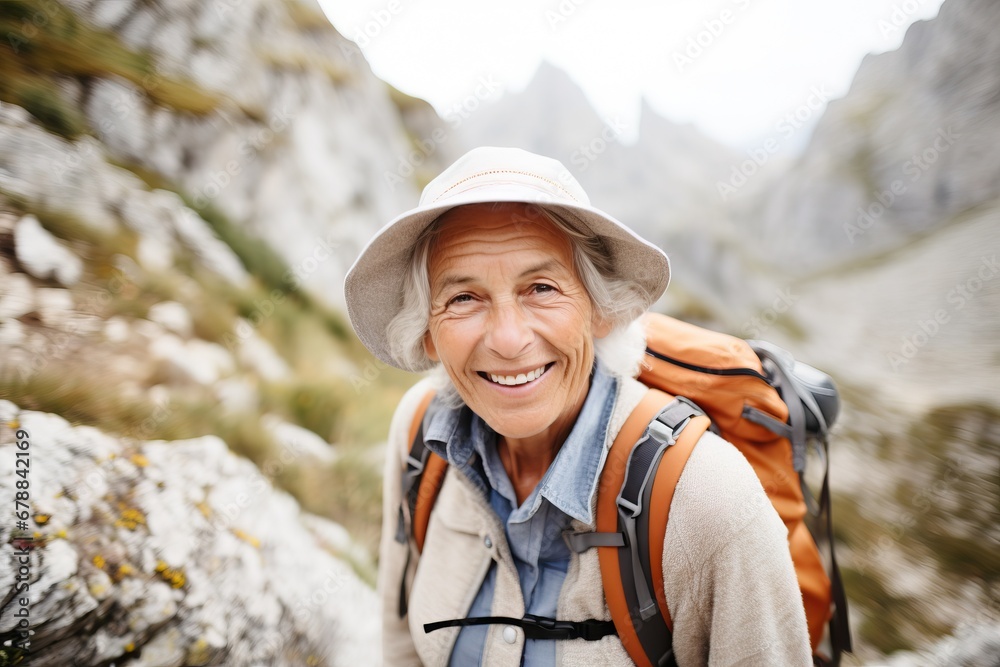Radiant senior woman with backpack enjoying a hike in the mountains