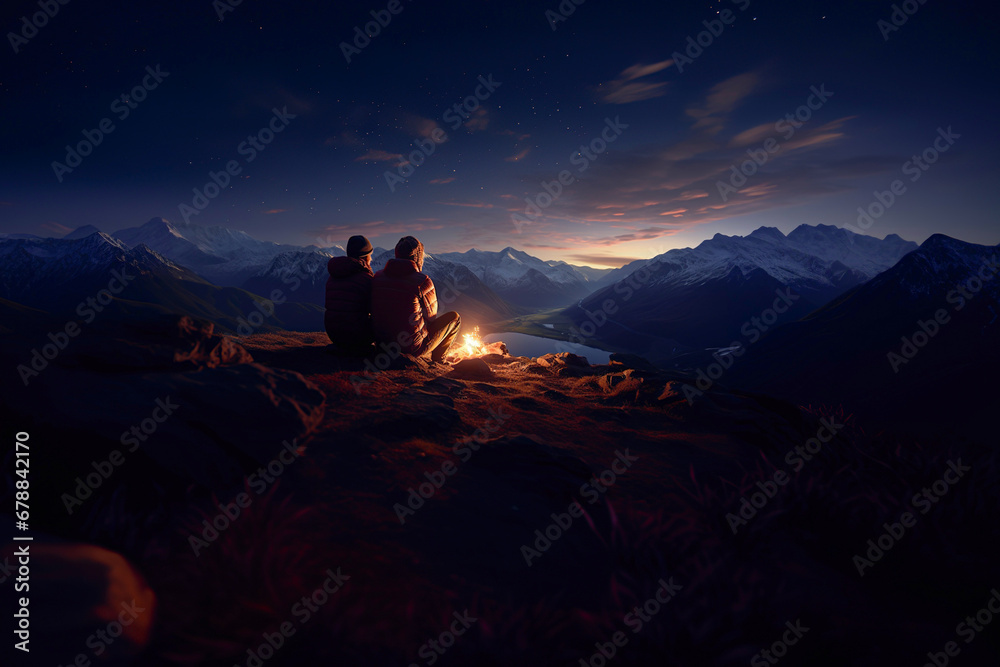 Night photography of two people sitting by camping fire in top of mountain looking at panoramic view of snowy peaks