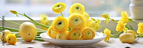 Yellow ranunculus flowers bouquet, Easter banner 