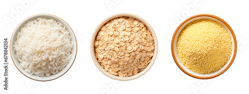 Top view of three bowls full of rice, oats and couscous over isolate transparent background photo