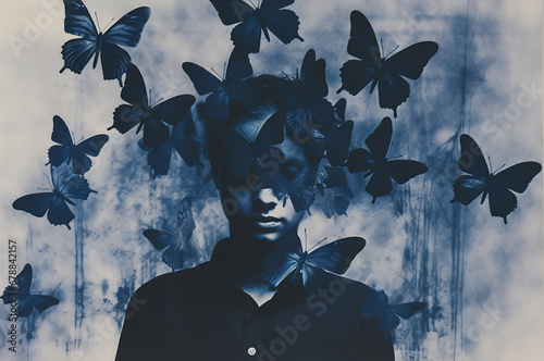 Representing mental health, depression concept with person headshot with dark blue butterflies flying n the air photo