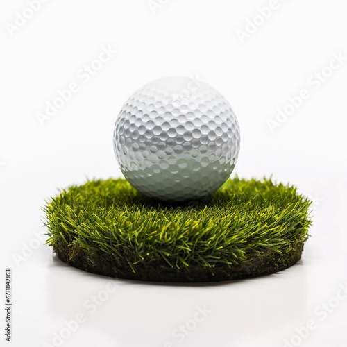 Golf ball Resting on a section of artificial turf Grass on a white background, AI generator