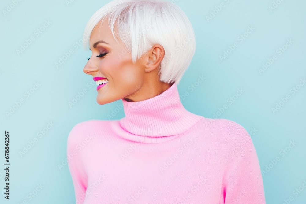 Radiant senior woman with short white hair in a lively pink turtleneck Radiant senior woman with short white hair in a lively pink turtleneck