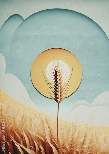 illustrazione con spiga di frumento, campi coltivati sotto un cielo azzurro e grande sole giallo photo