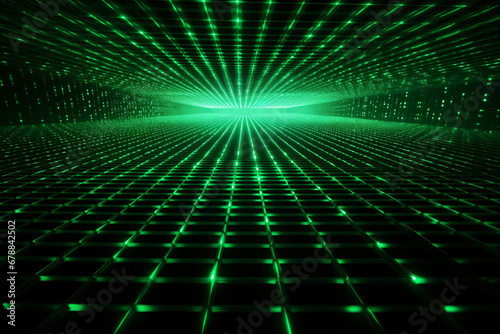 Green light rays emanating from a central point on a grid